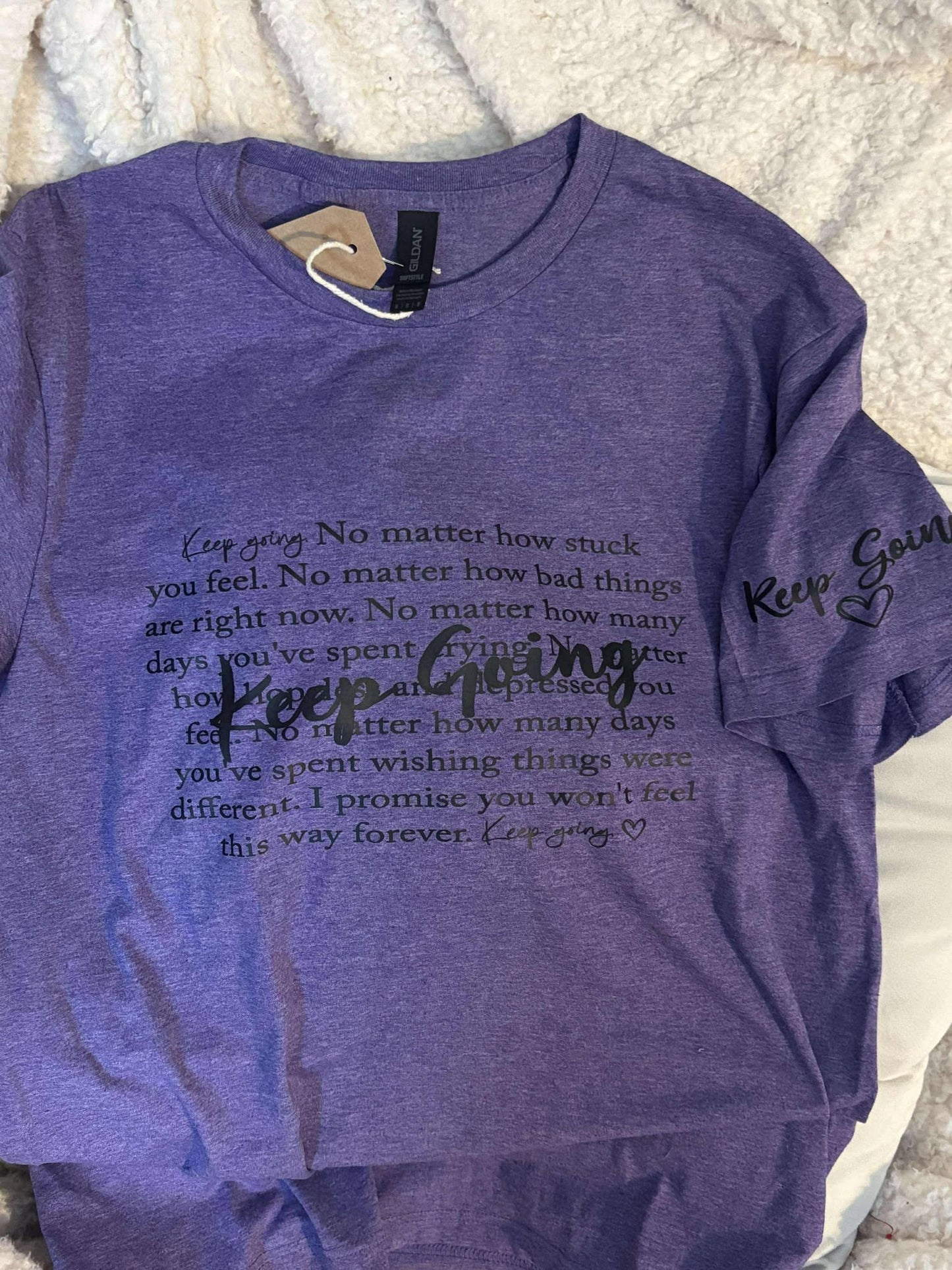 Heather purple Keep Going; with sleeve print t-shirt; size Medium