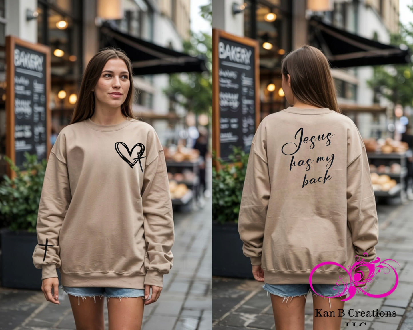 Jesus Has My Back <back print with front chest and sleeve design> Crewneck Sweatshirt