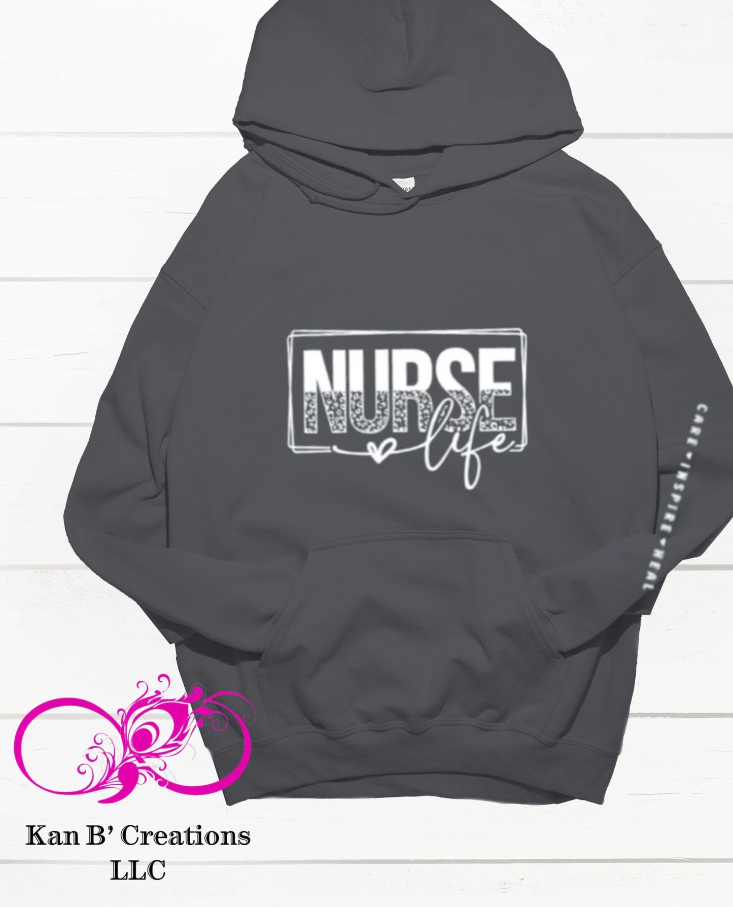 Nurse Life with Sleeve print Hoodie, Charcoal, Size Large