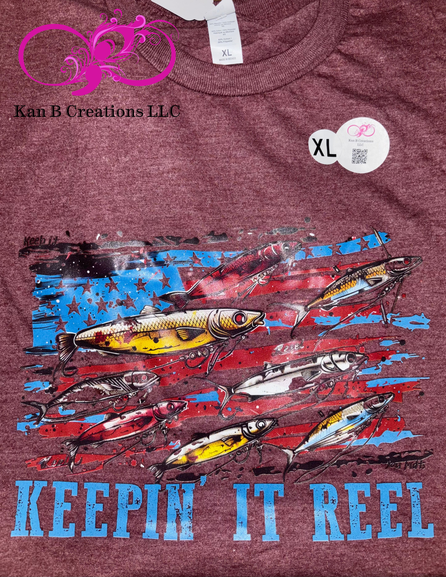 Maroon t-shirt with fishing lure graphic and 'Keepin' It Reel' text.