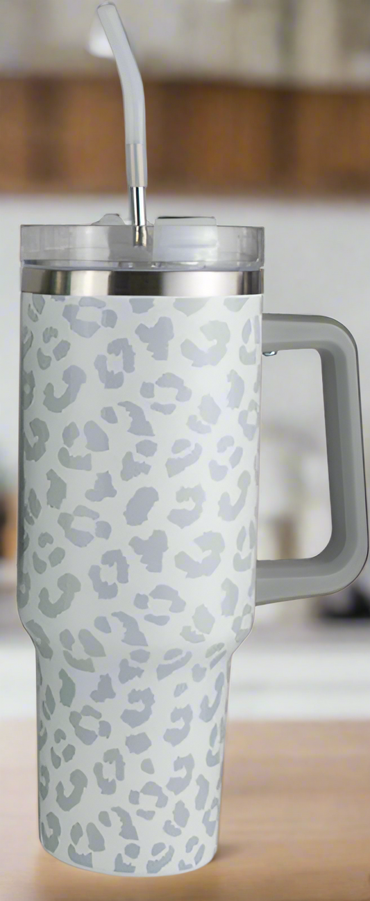 40 oz White/Gray Cheetah tumbler