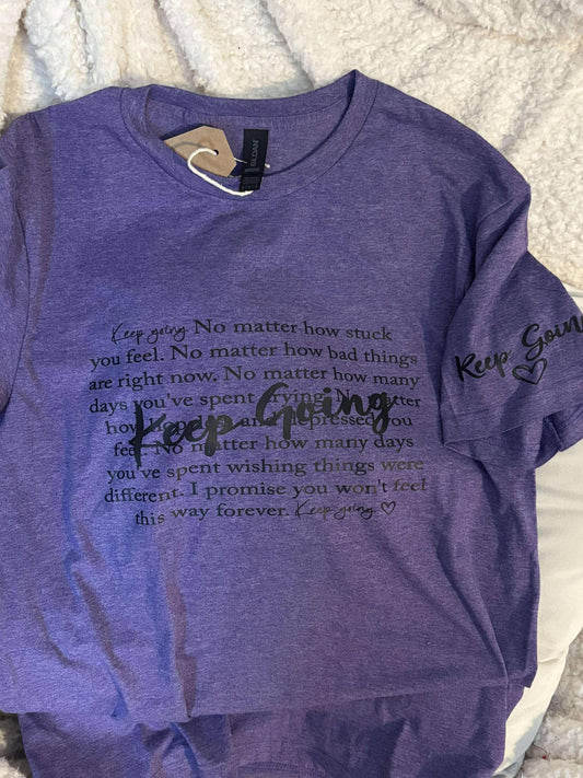 Heather purple Keep Going; with sleeve print t-shirt; size Medium