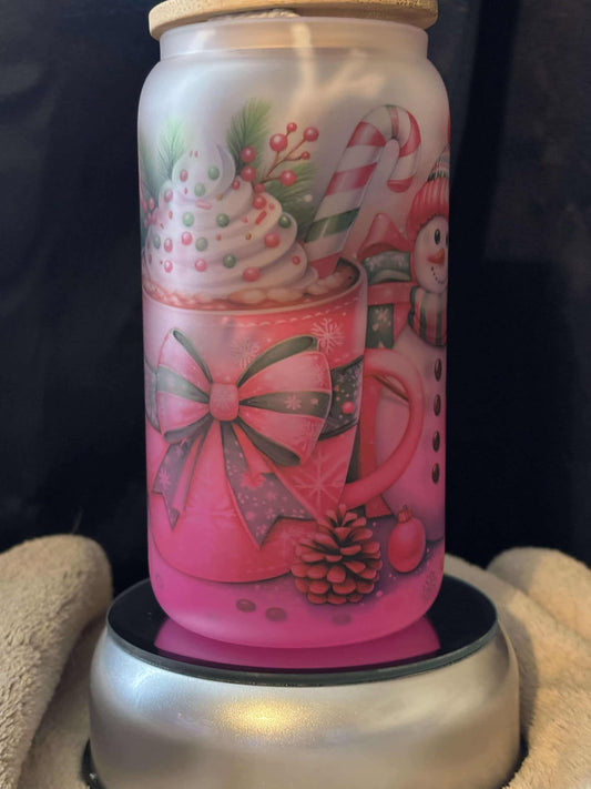 16 oz Pink Ombre Snowman glass can