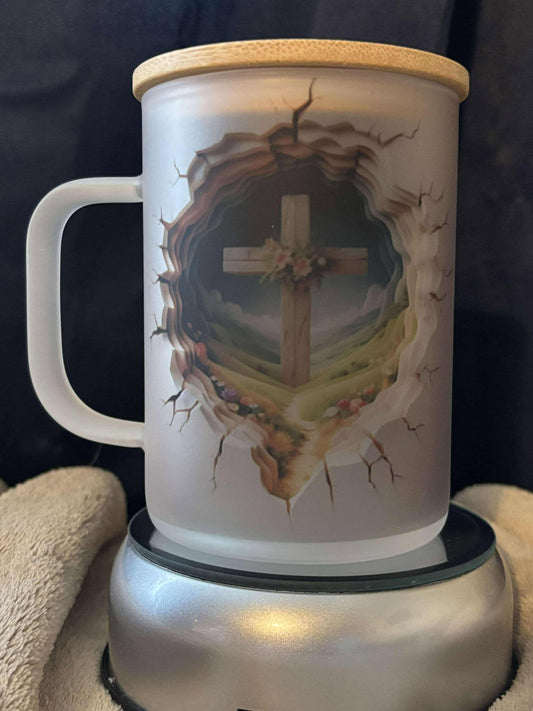 17 oz Frosted Glass Mug 3D Cross