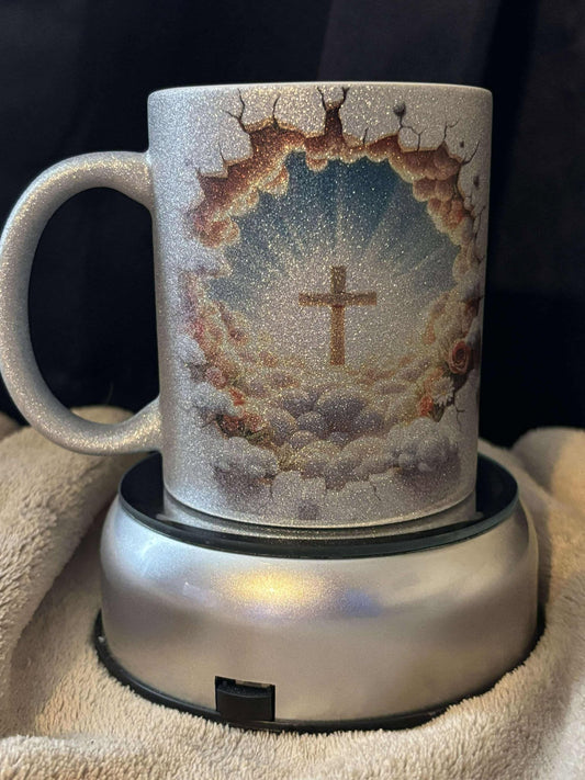 11 oz silver glitter coffee mug, 3D Cross