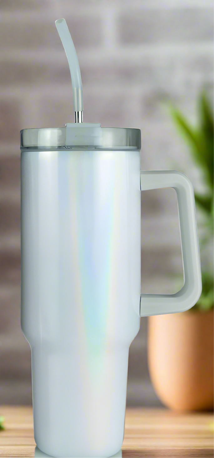 A 40 oz stainless steel tumbler, including a clear screw-on lid and a removable straw.