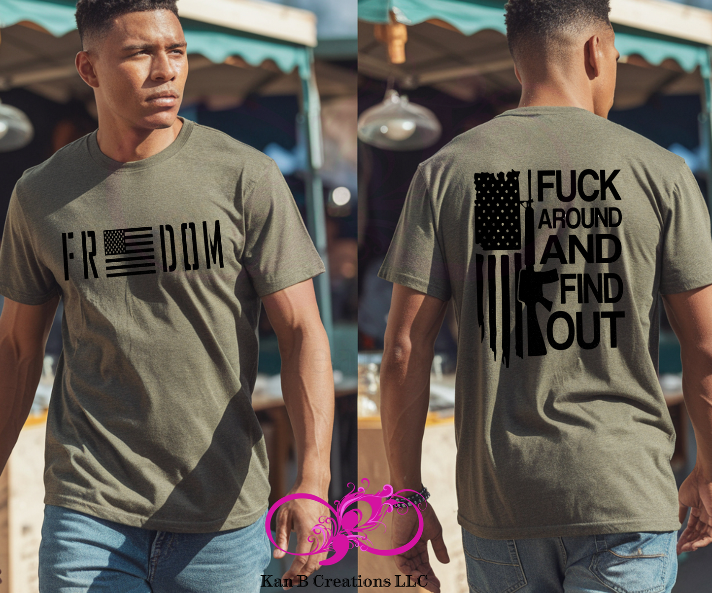 Man wearing a heather military green t-shirt with F*** around and Find out text and an American flag Freedom design.