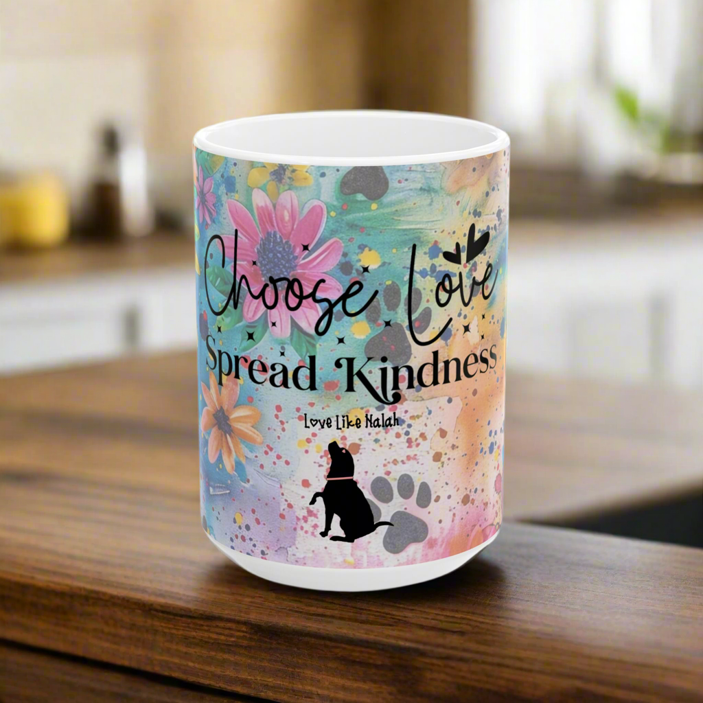 Colorful mug with Love Like Nalah motivational quote on a wooden surface