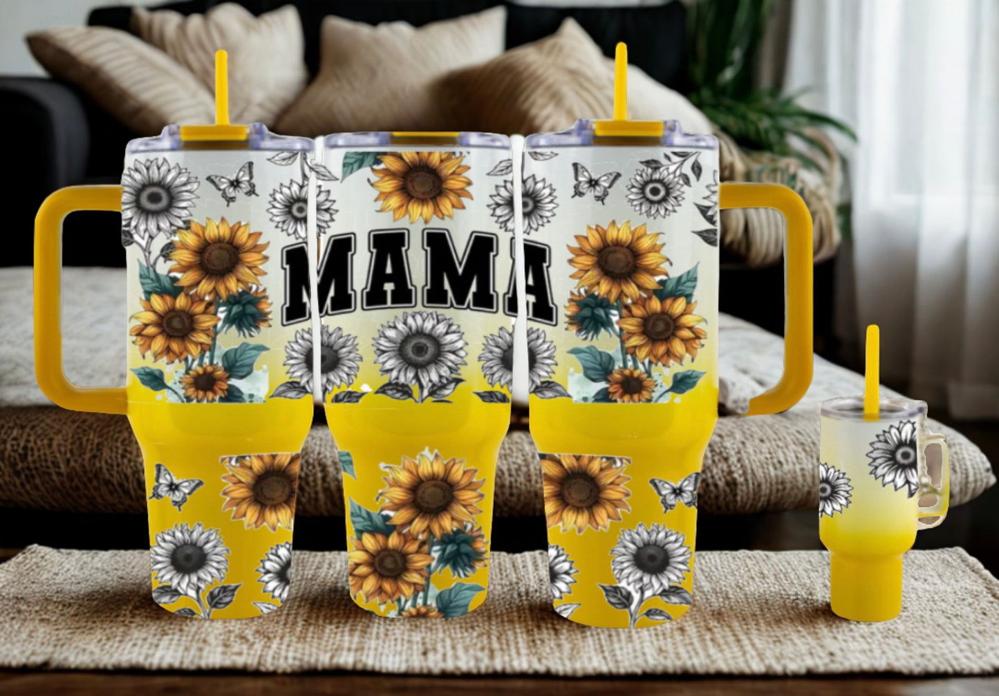 40 oz Mama Sunflower Yellow Ombre with 4 oz mini