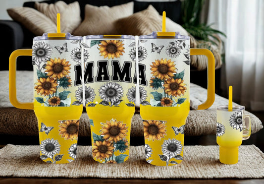 40 oz Mama Sunflower Yellow Ombre with 4 oz mini