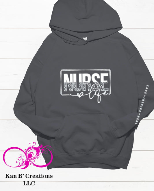 Nurse Life with Sleeve print Hoodie, Charcoal, Size Large