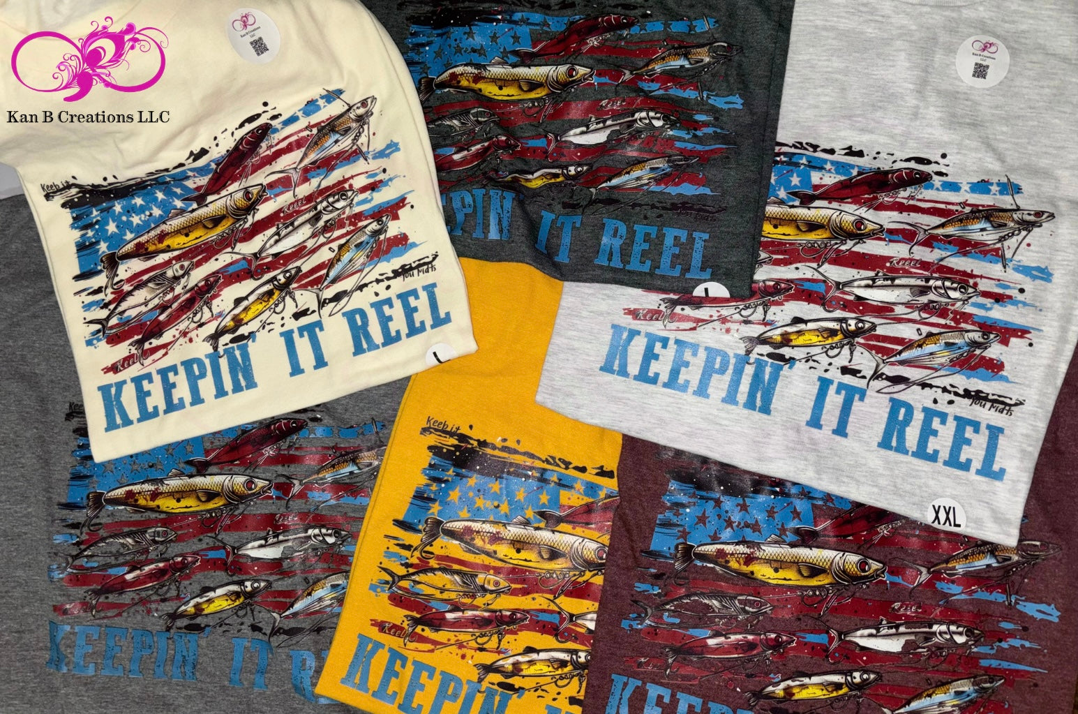 Collection of t-shirts with 'Keepin' It Reel' design and American flag pattern.