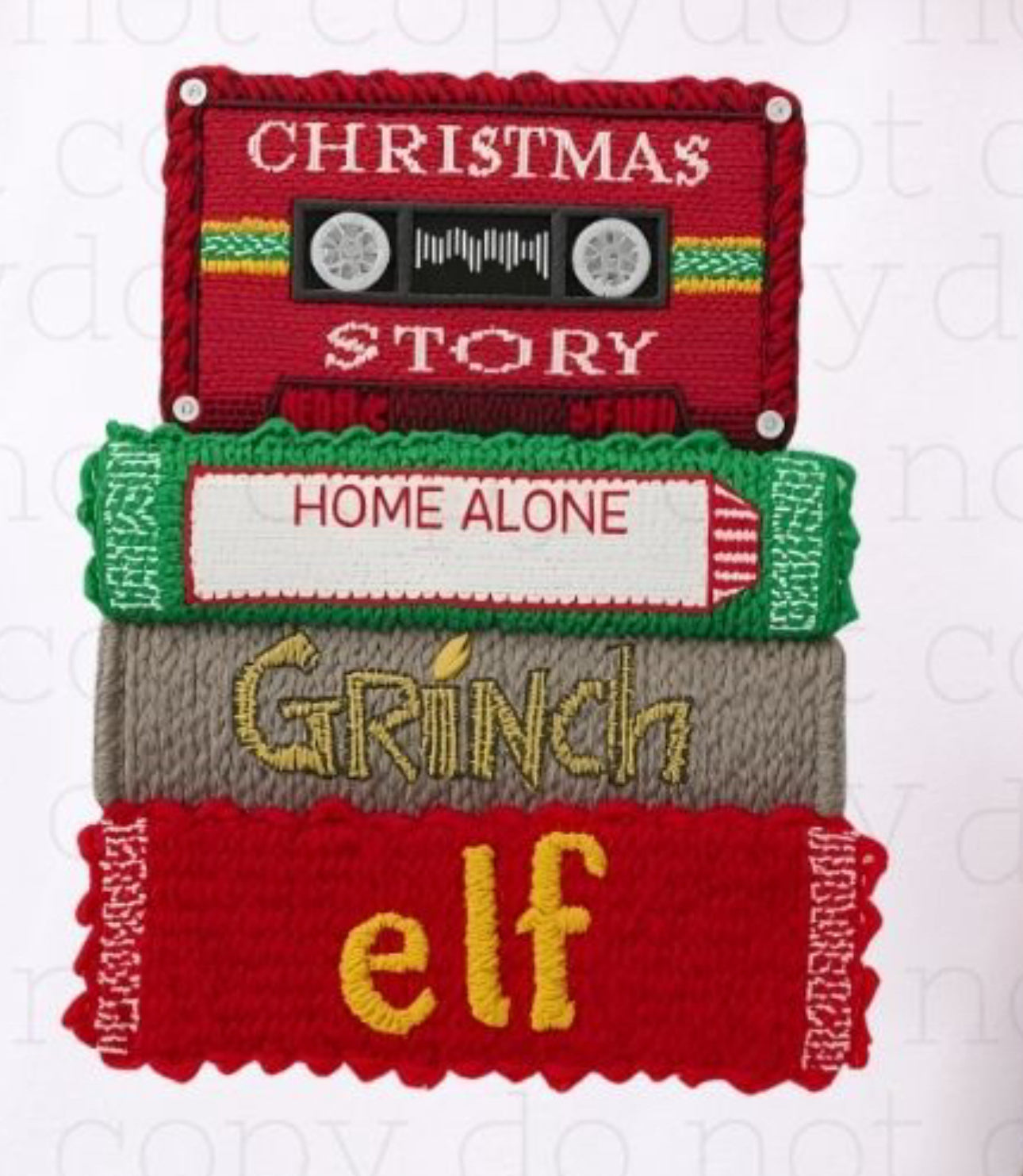 Decorative patch with cassette tape design featuring Christmas-themed text on a white background.