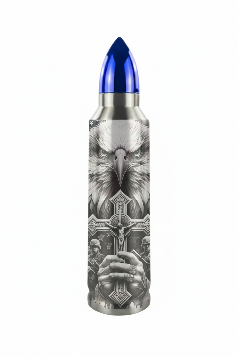 American Flag Eagle with Cross, 32 oz Bullet Tumbler/Thermos